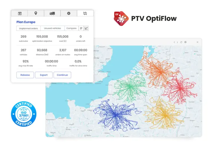 Planowanie trasy dla 267 pojazdów, optymalizacja 155 tys. km. Kolorowe linie na mapie pokazują efektywne trasy.