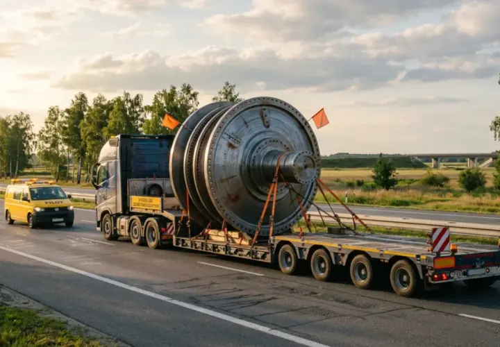 Przewożąc ładunek gabarytowy, ciężarówka z ogromnym elementem turbiny jedzie autostradą, a przed nią jedzie żółty pojazd pilotujący.