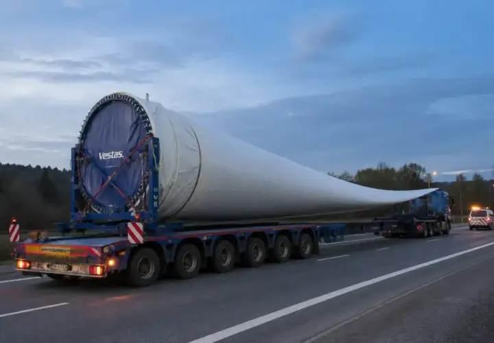 Długie łopaty turbiny wiatrowej Vestas transportowane na specjalnej naczepie. Konwencja tirów z takimi ładunkami to wyzwanie logistyczne.