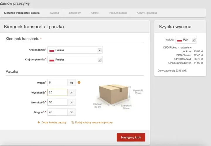 Formularz do zamówienia przesyłki, gdzie podaje się wymiary paczki: wagę 5 kg, wysokość 20 cm, szerokość 30 cm i długość 40 cm.