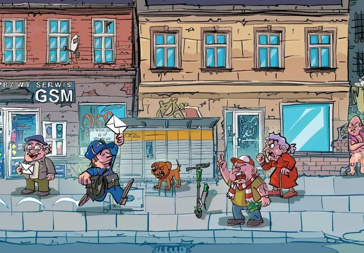 Następnego dnia listonosz radośnie biegnie z listem, mijając zdenerwowanych mieszkańców i szczekającego psa.