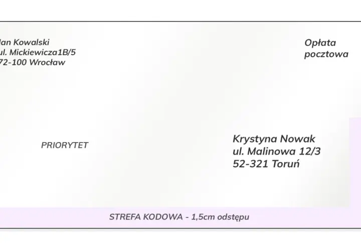 Koperta z adresem nadawcy Jan Kowalski i odbiorcy Krystyna Nowak. List kurierem, priorytet.