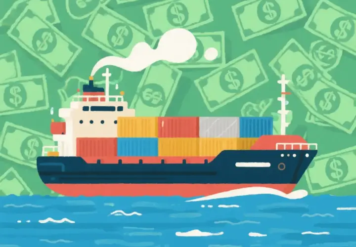 Statek towarowy z kontenerami płynie po morzu, a w tle unoszą się banknoty. Ilustracja wyjaśnia, czym jest demurrage.