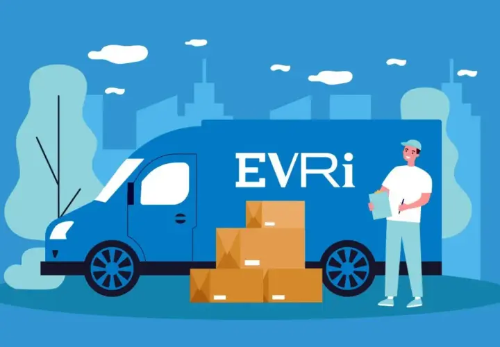 Kurier z notatnikiem obok niebieskiej furgonetki EVRi z paczkami. Szybkie Hermes tracking.