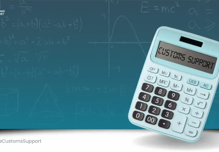 Kalkulator z napisem "CUSTOMS SUPPORT" na tle wzorów matematycznych. Pomoc w rozliczeniach cła z Wielkiej Brytanii.