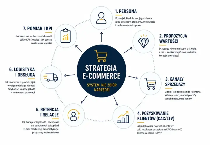 Schemat strategii e-commerce: od persony klienta, przez propozycję wartości, kanały sprzedaży, pozyskiwanie i retencję klientów, po logistykę i pomiar KPI. Kluczowa jest mikrologistyka.