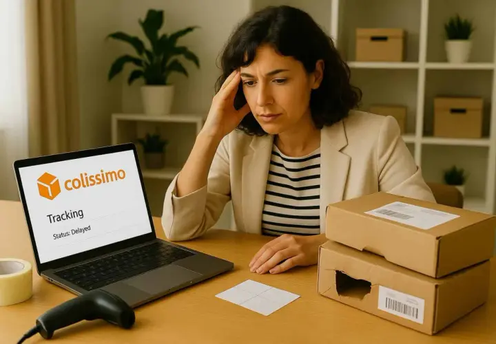 Zmartwiona kobieta sprawdza status przesyłki na laptopie. Na ekranie widnieje napis "colissimo Tracking. Status: Delayed". Obok leżą paczki.