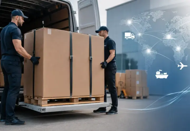 Dwóch mężczyzn ładuje dużą paczkę na palecie do ciężarówki. Globalna sieć logistyczna z ikonami transportu sugeruje tanią paletę w akcji.