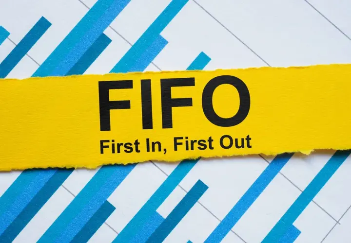 Żółty pasek z napisem FIFO (First In, First Out) na tle wykresu. Zasada FIFO w praktyce.