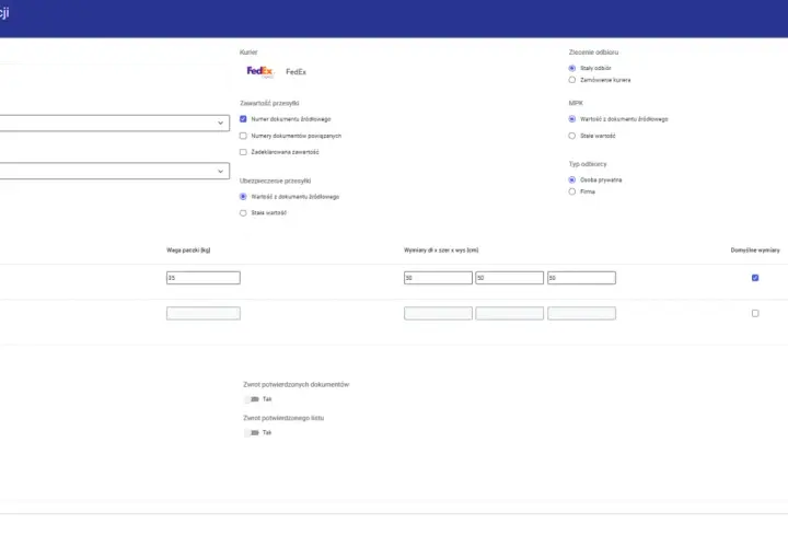 Konfiguracja szablonu "Szybka paczka FedEx" dla **fedex przekierowanie**. Ustawienia odbioru, wagi, wymiarów i dodatkowych usług.