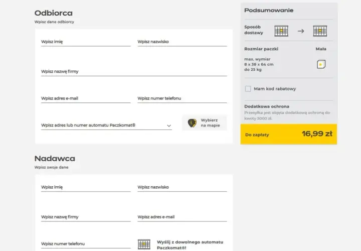 Formularz nadania paczki. Czy trzeba nakleić etykietę InPost? Nie, system generuje ją automatycznie.