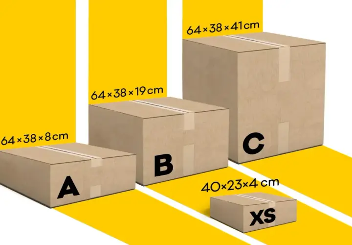 Różne wymiary paczki: A (64x38x8 cm), B (64x38x19 cm), C (64x38x41 cm) i XS (40x23x4 cm).