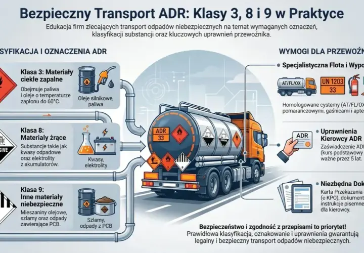 Ciężarówka ADR przewozi materiały niebezpieczne klas 3, 8 i 9. Ilustracja pokazuje oznaczenia ADR, wymagania dla kierowcy i dokumentację.
