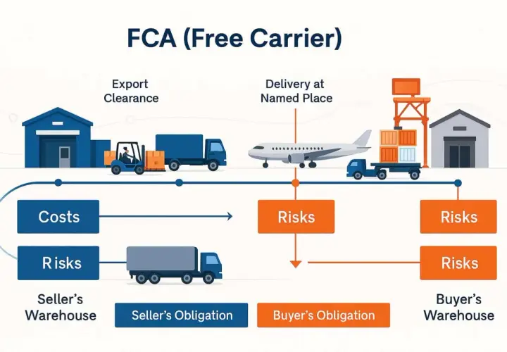 Schemat FCA (Free Carrier) pokazuje podział kosztów i ryzyka między sprzedawcą a kupującym. Kluczowe są warunki dostawy FCA.