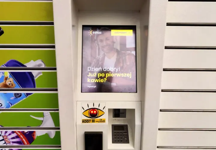 Ekran automatu InPost z uśmiechniętym mężczyzną i pytaniem "Dzień dobry! Już po pierwszej kawie?". Obok widać produkty z półek.