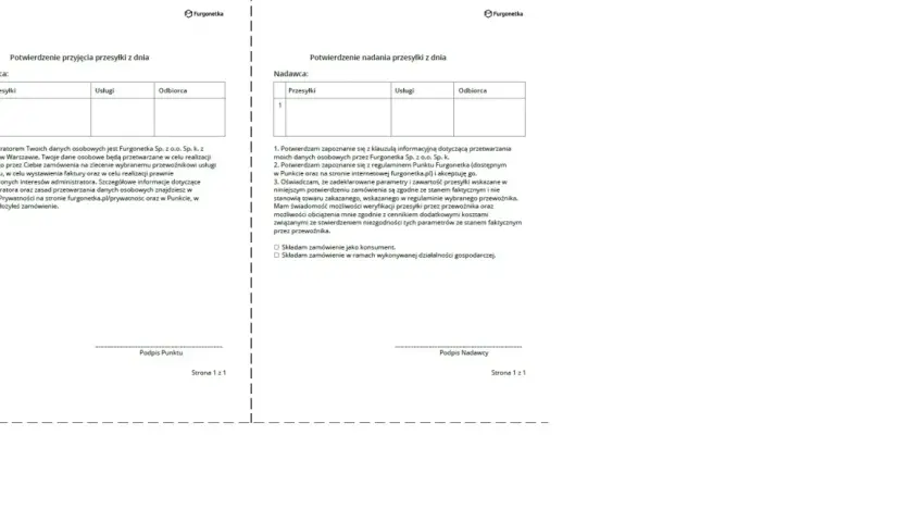 Dokumenty Furgonetki dotyczące potwierdzenia przyjęcia i nadania przesyłki. Czy kurier ma obowiązek poczekać na sprawdzenie paczki? Dokumenty nie precyzują tego bezpośrednio.