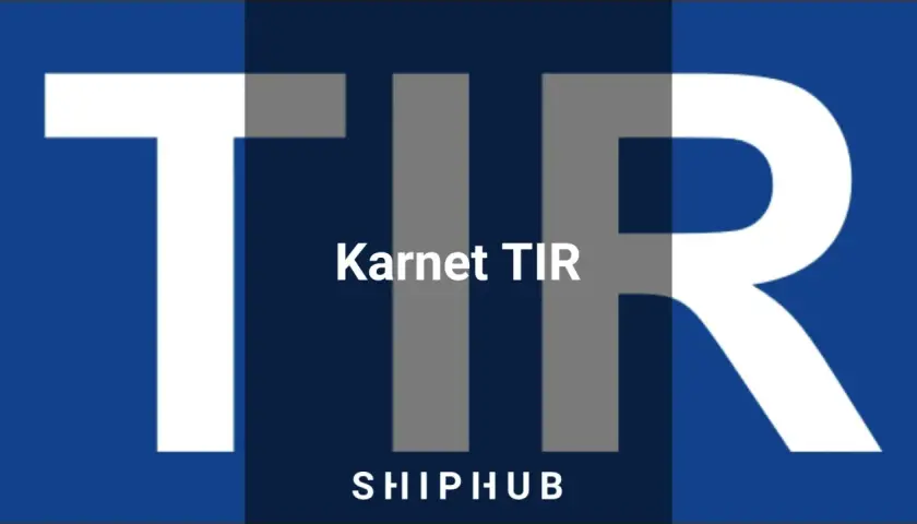 Duże białe litery TIR na granatowym tle. Poniżej napis "Karnet TIR SHIPHUB".