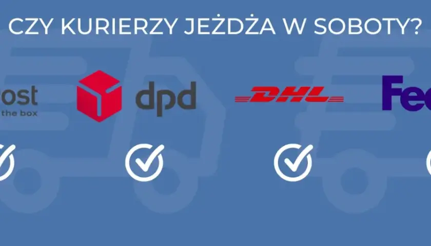Sprawdź, czy dpd dostarcza w soboty. Obok logo InPost, DPD, DHL i FedEx znajdują się zielone znaczniki, sugerujące dostępność usług w weekend.