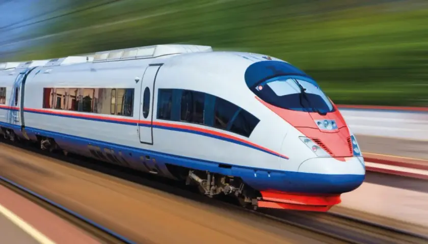 Szybki pociąg z czerwono-niebieskimi pasami mknie po torach. To idealny środek transportu dla każdej przesyłki konduktorskiej.