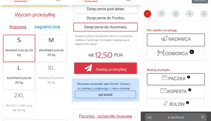 Strona Pocztex.pl pozwala na wycenę i nadanie przesyłki. Można wybrać rozmiar paczki, opcję doręczenia (do automatu, punktu lub pod adres) i kto zapłaci za usługę.