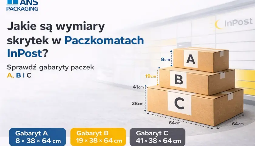 Wymiary paczek A, B, C do Paczkomatów InPost: A (8x38x64cm), B (19x38x64cm), C (41x38x64cm).