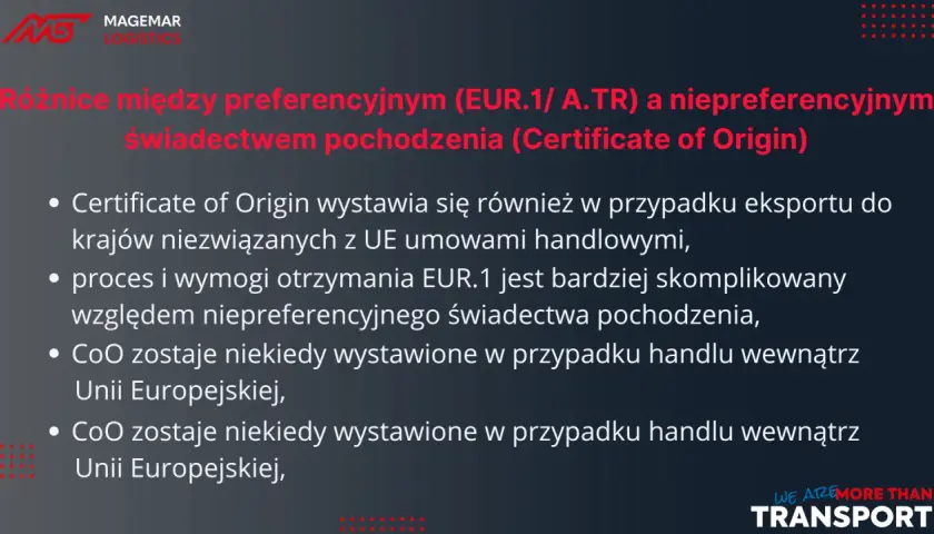 Różnice między preferencyjnym (EUR.1) a niepreferencyjnym świadectwem pochodzenia. EUR.1 jest bardziej skomplikowane.