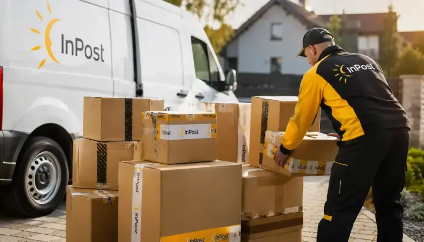 Kurier InPost odbiera paczki. Kiedy będzie moja przesyłka? Stos paczek czeka na odbiór przez kuriera InPost.