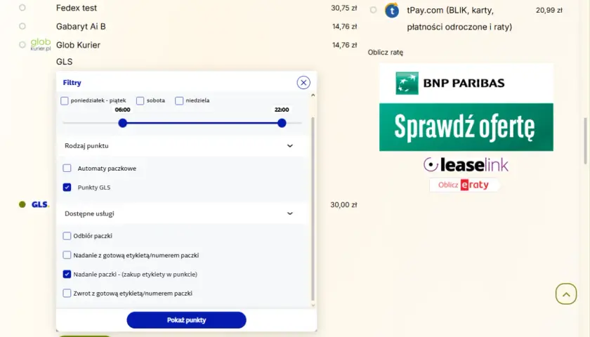 Filtrowanie punktów nadania GLS: zaznaczone "Punkty GLS" i "Nadanie paczki - (zakup etykiety w punkcie)".
