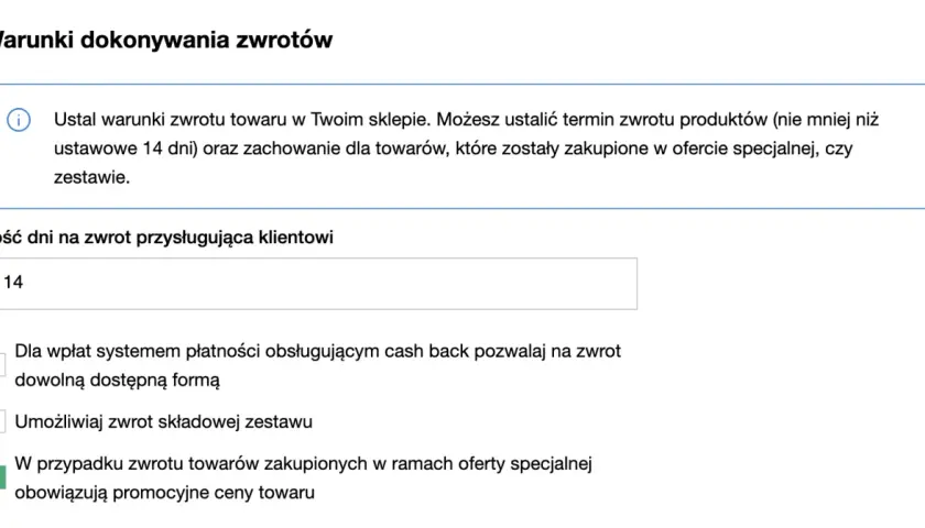 Ustawienia zwrotów: klient ma 14 dni na zwrot towaru. Zaznaczono opcję zwrotu towarów z oferty specjalnej.