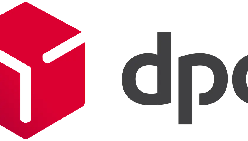 Czerwony sześcienny symbol obok szarego napisu "dpd". Protokół dpd gwarantuje szybką dostawę.