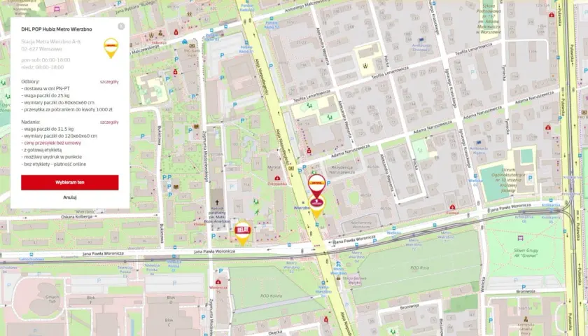 Mapa Warszawy z zaznaczonym punktem DHL. Możliwość nadania paczki DHL do 31,5 kg i wymiarach 120x60x60 cm.