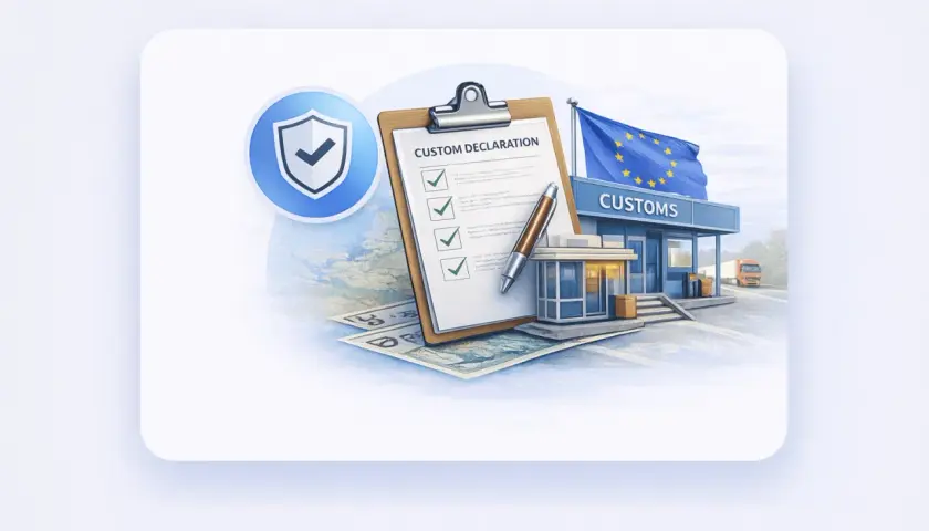 Dokument "Custom Declaration" na tle budynku celnego z flagą UE. Odprawa fiskalna przebiega sprawnie dzięki zaznaczonym punktom.