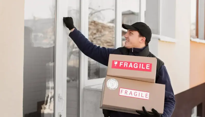 Kurier z paczkami z napisem "FRAGILE" puka do drzwi, realizując wysyłkę szyby samochodowej kurierem.