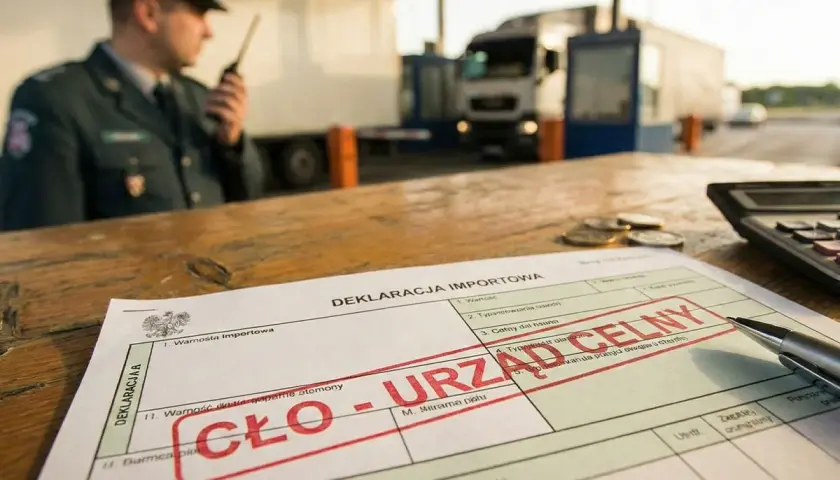 Na stole leży deklaracja celna z pieczątką "URZĄD CELNY". W tle widać funkcjonariusza Straży Granicznej i ciężarówkę, co sugeruje sytuację, kiedy płacimy cło w UE.