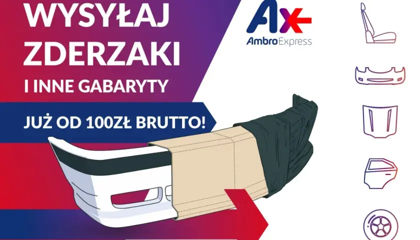 Kurier części samochodowych AmbroExpress wysyła zderzaki i inne gabaryty już od 100 zł brutto.