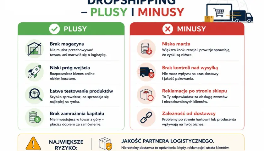 Dropshipping: plusy (brak magazynu, niski próg wejścia) i minusy (niska marża, brak kontroli nad wysyłką). Zastanawiasz się, czy dropshipping ile można zarobić?