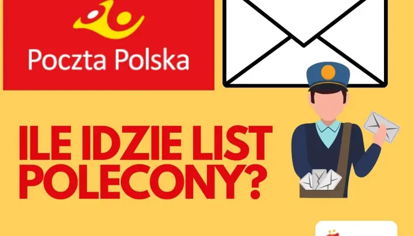 Poczta Polska pyta: ile idzie list polecony? Grafika z listonoszem i kopertami.