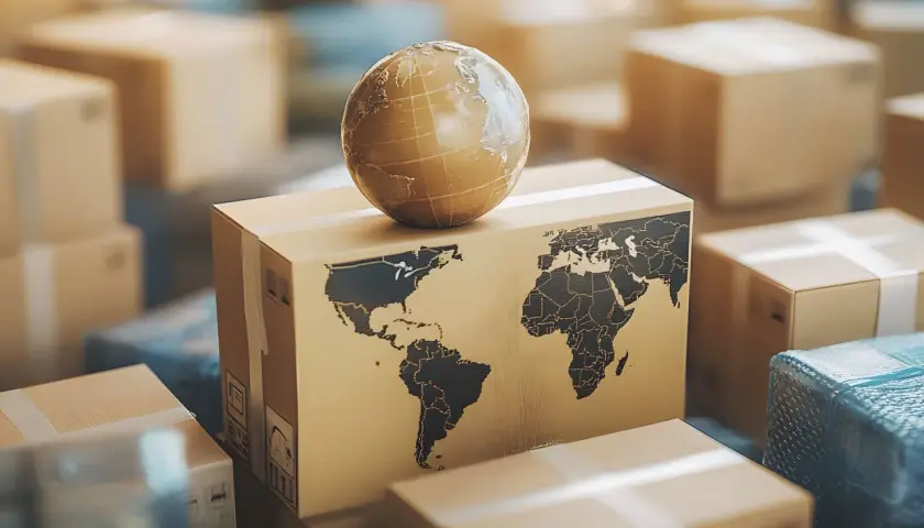Ziemia na kartonie z mapą świata symbolizuje FedEx przesyłki międzynarodowe.