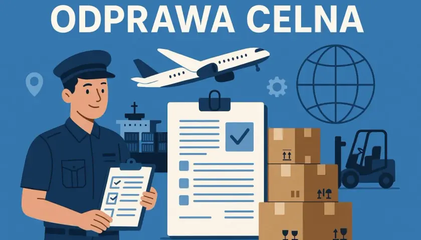 Celnik z listą kontrolną, samolot, statek, globus i paczki. Dowiedz się, ile trwa odprawa celna i jak ją usprawnić.