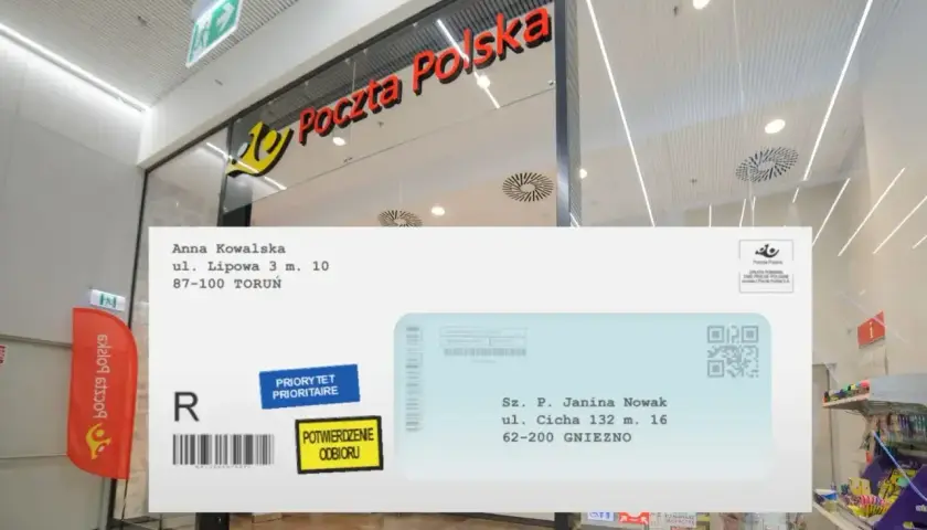 Awizo Poczty Polskiej. Sprawdź nadawcę Anny Kowalskiej z Torunia, odbierając przesyłkę dla Janiny Nowak z Gniezna.