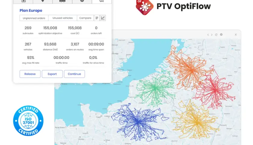 Planowanie trasy dla 267 pojazdów, optymalizacja 155 tys. km. Kolorowe linie na mapie pokazują efektywne trasy.