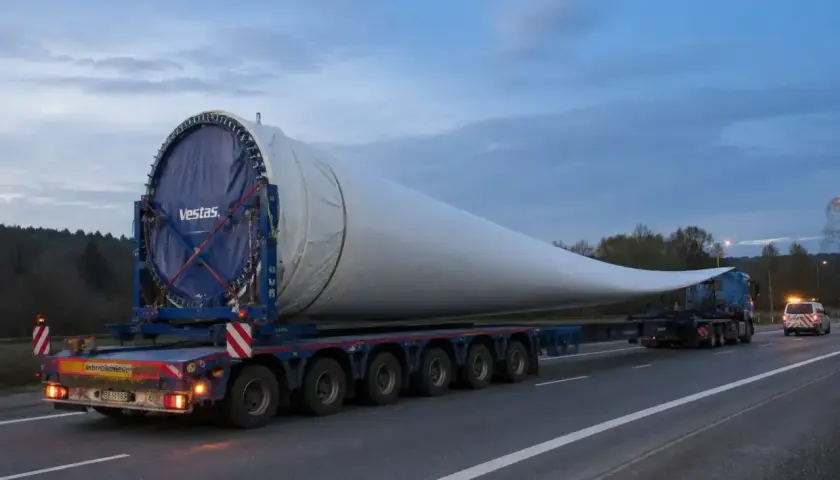 Długie łopaty turbiny wiatrowej Vestas transportowane na specjalnej naczepie. Konwencja tirów z takimi ładunkami to wyzwanie logistyczne.