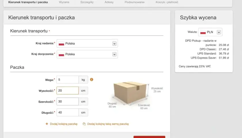 Formularz do zamówienia przesyłki, gdzie podaje się wymiary paczki: wagę 5 kg, wysokość 20 cm, szerokość 30 cm i długość 40 cm.