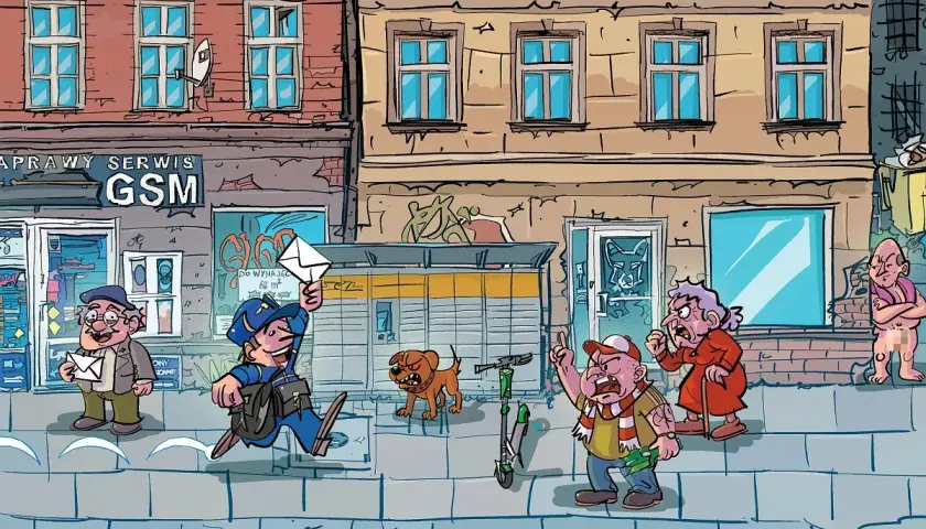 Następnego dnia listonosz radośnie biegnie z listem, mijając zdenerwowanych mieszkańców i szczekającego psa.
