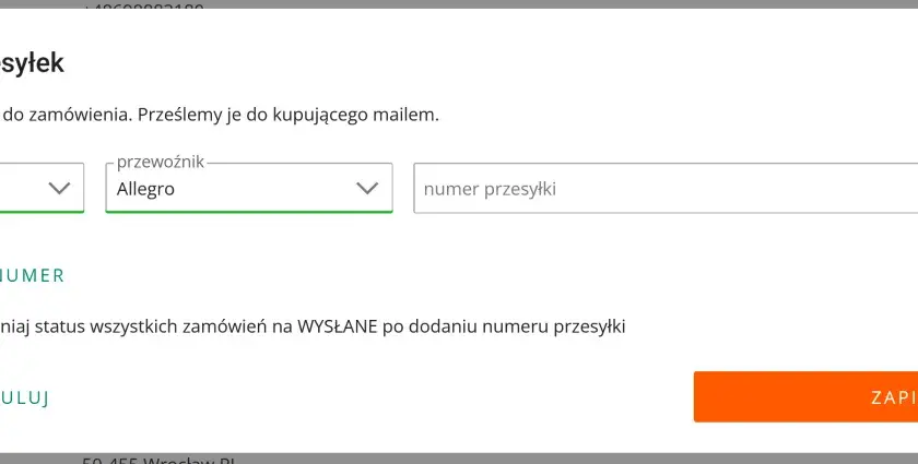 Dodaj numer przesyłki od kuriera. Wybierz kraj wysyłki, przewoźnika i wpisz numer.