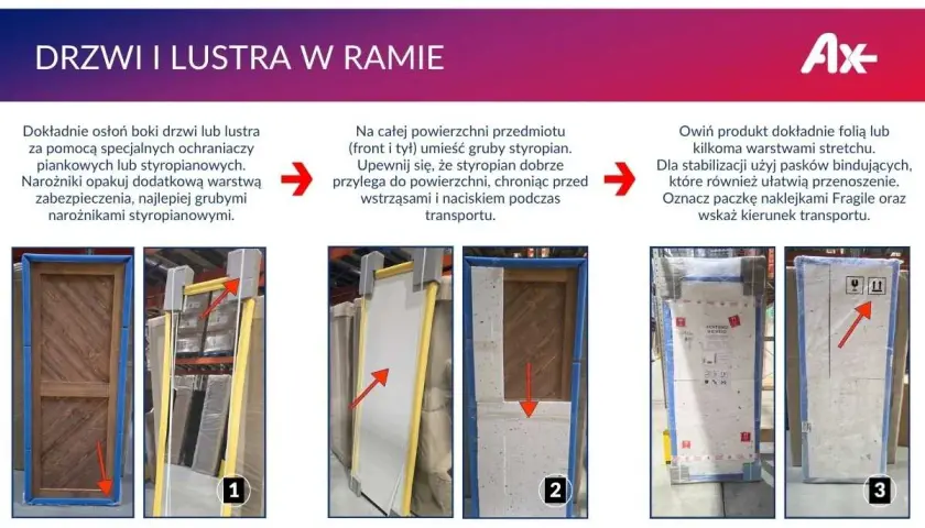 Instrukcja jak wysłać drzwi samochodowe kurierem: zabezpiecz narożniki, dodaj styropian, owiń folią stretch i oznacz.