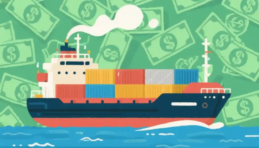 Statek towarowy z kontenerami płynie po morzu, a w tle unoszą się banknoty. Ilustracja wyjaśnia, czym jest demurrage.