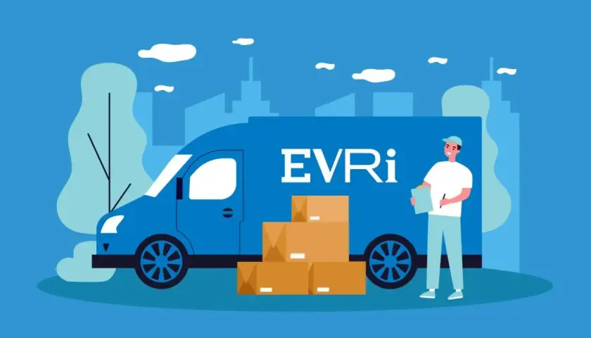Kurier z notatnikiem obok niebieskiej furgonetki EVRi z paczkami. Szybkie Hermes tracking.