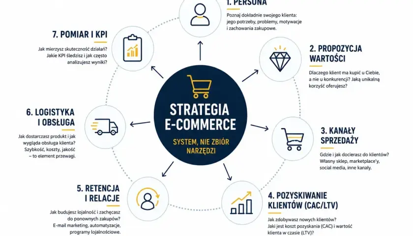 Schemat strategii e-commerce: od persony klienta, przez propozycję wartości, kanały sprzedaży, pozyskiwanie i retencję klientów, po logistykę i pomiar KPI. Kluczowa jest mikrologistyka.