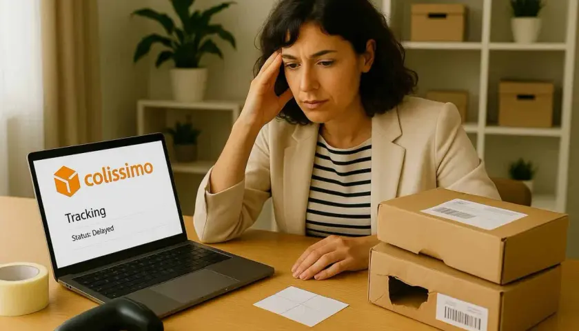 Zmartwiona kobieta sprawdza status przesyłki na laptopie. Na ekranie widnieje napis "colissimo Tracking. Status: Delayed". Obok leżą paczki.